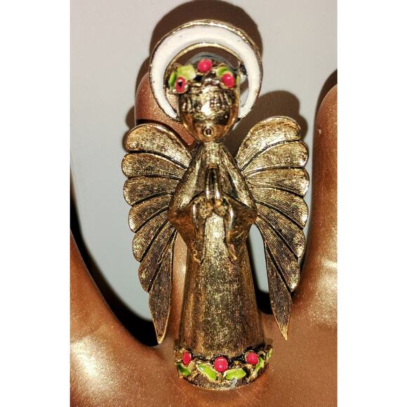 Vintage Gold-Tone Angel Brooch w/ Enamel Halo & Holly – Christmas Pin - Picture 2 of 4